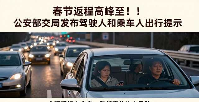 出行提示_春節(jié)返程高速公路免費截止日期_返程安全提示駕駛?cè)俗⒁馐马?/></p>
<p>必須全程系好安全帶，前排乘客要系好，后排乘客同樣也要全程系好，因為這樣做能夠極大程度降低事故傷亡風(fēng)險。應(yīng)該給兒童配備適宜的兒童安全座椅。乘坐摩托車務(wù)必戴好頭盔。</p>
<p>乘車時不要攜帶危險品，嚴(yán)禁攜帶易燃易爆物品上車，要是發(fā)現(xiàn)其他人攜帶，應(yīng)當(dāng)及時進(jìn)行勸阻或者舉報。</p>
<p>不可搭乘超員之車，超員會對車輛制動以及穩(wěn)定性造成嚴(yán)重影響，進(jìn)而增加事故發(fā)生的風(fēng)險。乘坐長途客車之時，應(yīng)當(dāng)挑選站內(nèi)正規(guī)的車輛，拒絕乘坐超員之車。拼車出行同樣需要提前確認(rèn)人數(shù)，杜絕出現(xiàn)超員的情況。</p>
<p>搭乘車輛期間，要防止出現(xiàn)諸如聊天、搶奪方向盤這般會影響駕駛?cè)税踩倏剀囕v的行為，從而不去打擾駕駛?cè)耍龅讲桓蓴_其駕駛。</p>
<p>拒絕乘坐那種所謂的“黑車”，要經(jīng)由正規(guī)門路去購票乘車，萬萬不能乘坐那種缺少監(jiān)管，并且存在大安全憂患，屬于非法運營的車輛。</p>
<p>警方作出提醒，在返程的路途之中，務(wù)必要做到文明地駕駛車輛，要預(yù)先去規(guī)劃好路線，以及規(guī)劃好時間，盡可能地去避開高峰時段，以此來確保能夠平安地返程。</p></div>
    <div   id="9fvzzn3nt"   class="clearfix"></div>
        <h5 class="post-tags"><span id="9fvzzn3nt"    class="glyphicon glyphicon-tags"></span> <a href="http://luohuqiao.com/tags-6077.html" title="春節(jié)返程">春節(jié)返程</a><a href="http://luohuqiao.com/tags-2323.html" title="交通安全">交通安全</a><a href="http://luohuqiao.com/tags-7306.html" title="駕駛提示">駕駛提示</a><a href="http://luohuqiao.com/tags-8482.html" title="乘車須知">乘車須知</a><a href="http://luohuqiao.com/tags-2308.html" title="安全出行">安全出行</a></h5>
        <div   id="9fvzzn3nt"   class="alert alert-info p-copyright" role="alert">
        <p> 本站文章除注明轉(zhuǎn)載/出處外，均為本站原創(chuàng)或翻譯。若要轉(zhuǎn)載請務(wù)必注明出處，尊重他人勞動成果共創(chuàng)和諧網(wǎng)絡(luò)環(huán)境。 </p>
        <p> 轉(zhuǎn)載請注明 : 文章轉(zhuǎn)載自 ?<a href="http://luohuqiao.com/" rel="bookmark" title="作者：admin"> 途訊交通網(wǎng) </a>?<a href="http://luohuqiao.com/txfl-3.html" rel="bookmark" title="網(wǎng)站分類：出行攻略與工具"> 出行攻略與工具 </a> ?<a href="http://luohuqiao.com/tx/15062.html" rel="bookmark" title="本文固定鏈接：http://luohuqiao.com/tx/15062.html"> 春節(jié)返程高峰至！公安部交管局發(fā)布駕駛?cè)撕统塑嚾顺鲂刑崾?</a> </p>
    </div>
    <div   id="9fvzzn3nt"   class="clearfix"></div>
    <ul class="post-share-tools">
        <li><a href="javascript:;" class="share-tools praise" xv=